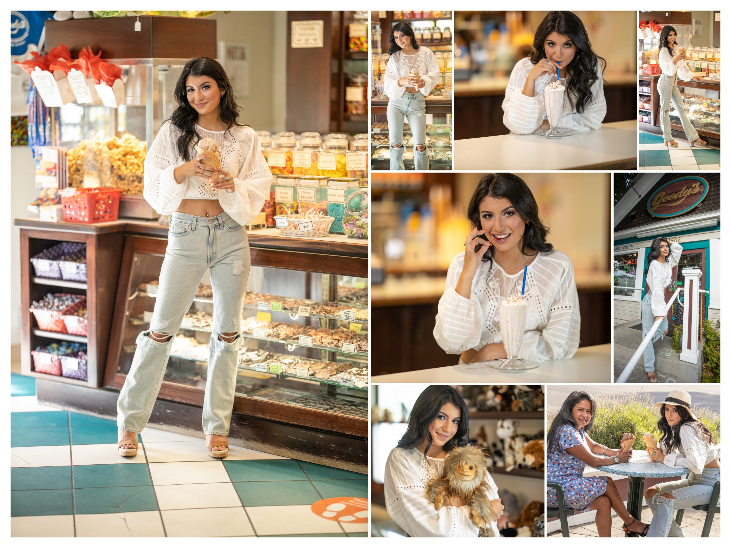 high school senior photos taken at goodies soda fountain in Boise Idaho